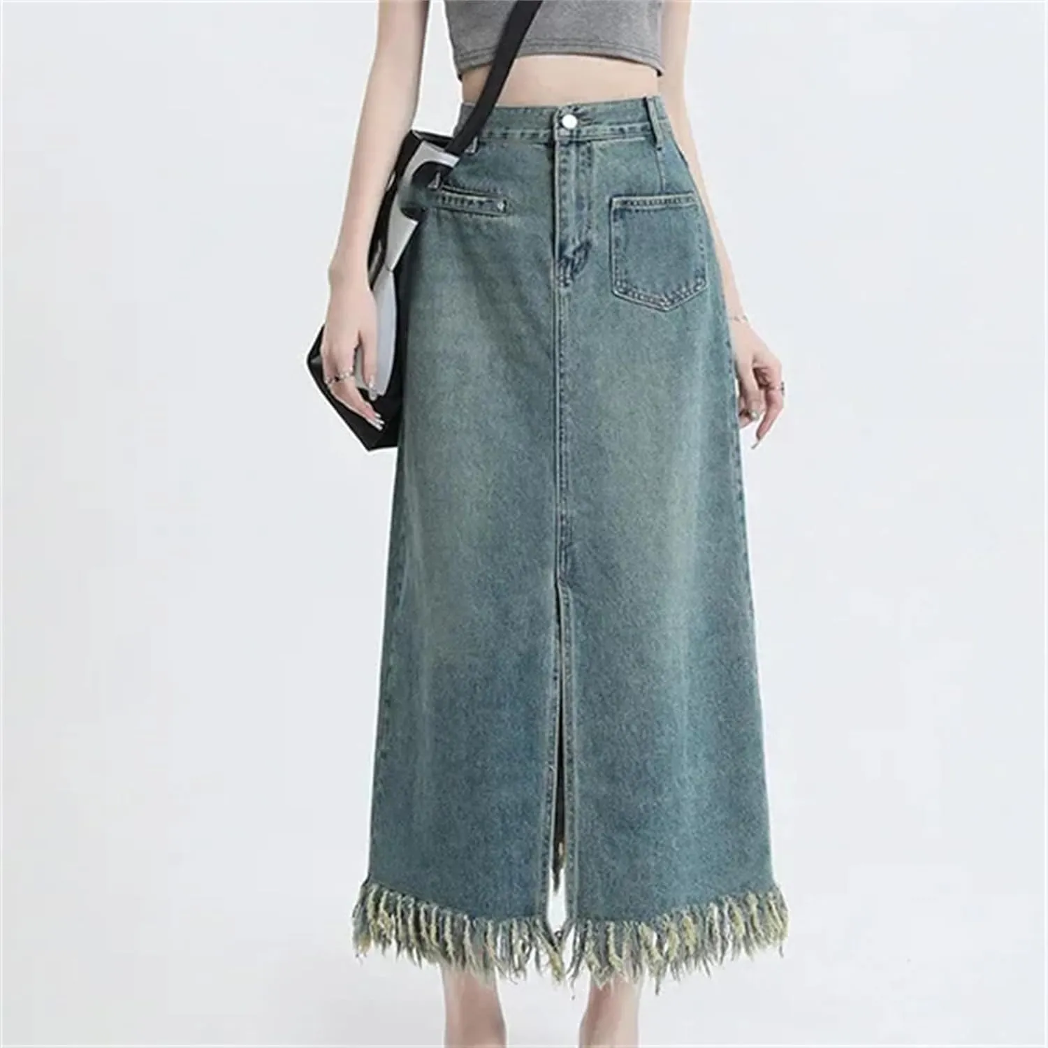 Women's High-Waisted Slimming Denim Skirt  Fringed Side Slit Medium-Length A-Line Casual Summer with Pockets