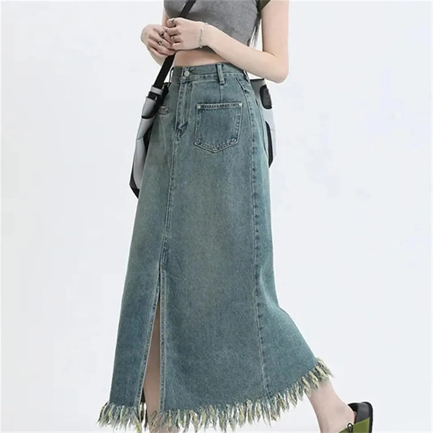 Women's High-Waisted Slimming Denim Skirt  Fringed Side Slit Medium-Length A-Line Casual Summer with Pockets