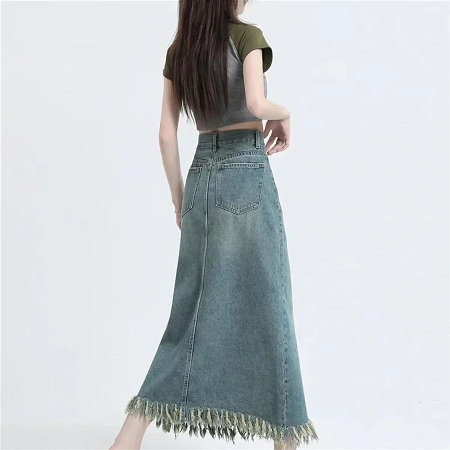 Women's High-Waisted Slimming Denim Skirt  Fringed Side Slit Medium-Length A-Line Casual Summer with Pockets