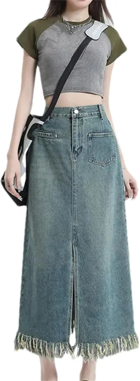 Women's High-Waisted Slimming Denim Skirt  Fringed Side Slit Medium-Length A-Line Casual Summer with Pockets