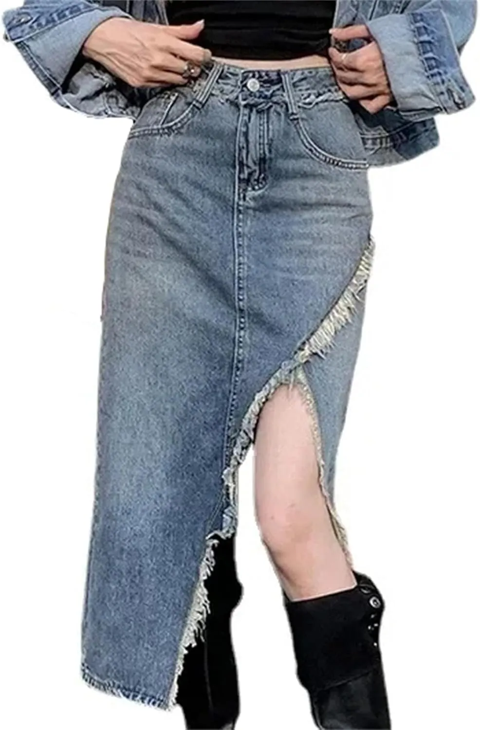 Women's High-Waisted Slimming Denim Skirt  Spring Medium-Length Pockets Casual Work Midi Jean Split Skirts