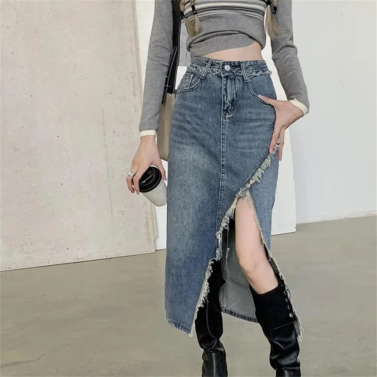 Women's High-Waisted Slimming Denim Skirt  Spring Medium-Length Pockets Casual Work Midi Jean Split Skirts