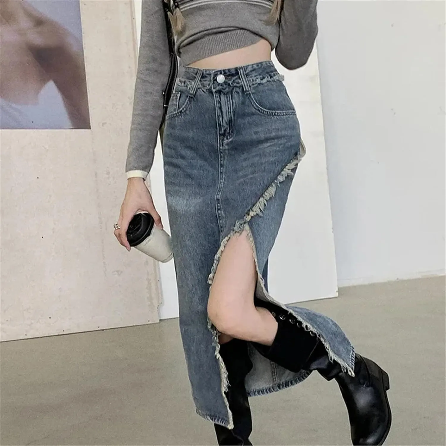 Women's High-Waisted Slimming Denim Skirt  Spring Medium-Length Pockets Casual Work Midi Jean Split Skirts