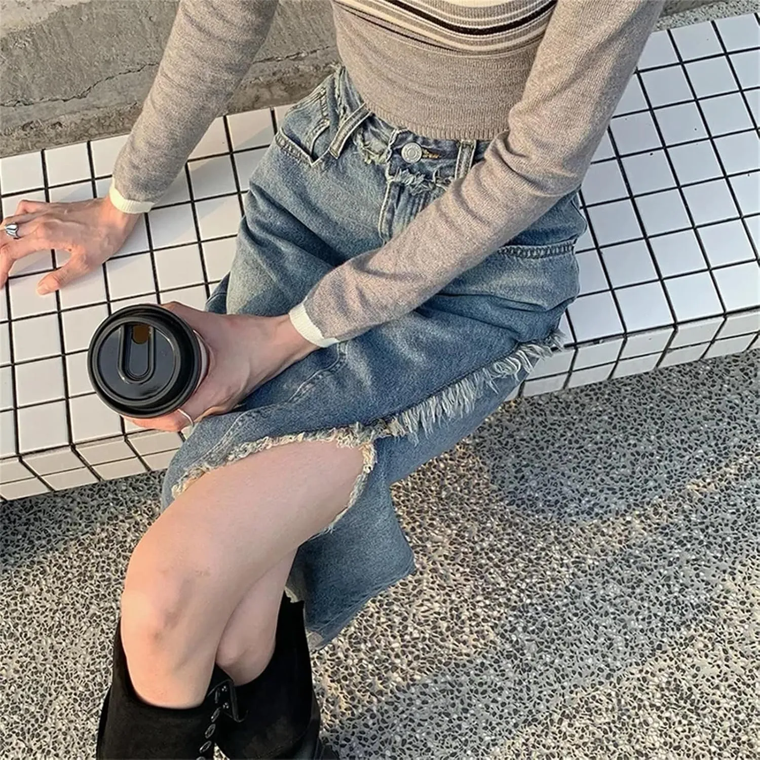 Women's High-Waisted Slimming Denim Skirt  Spring Medium-Length Pockets Casual Work Midi Jean Split Skirts