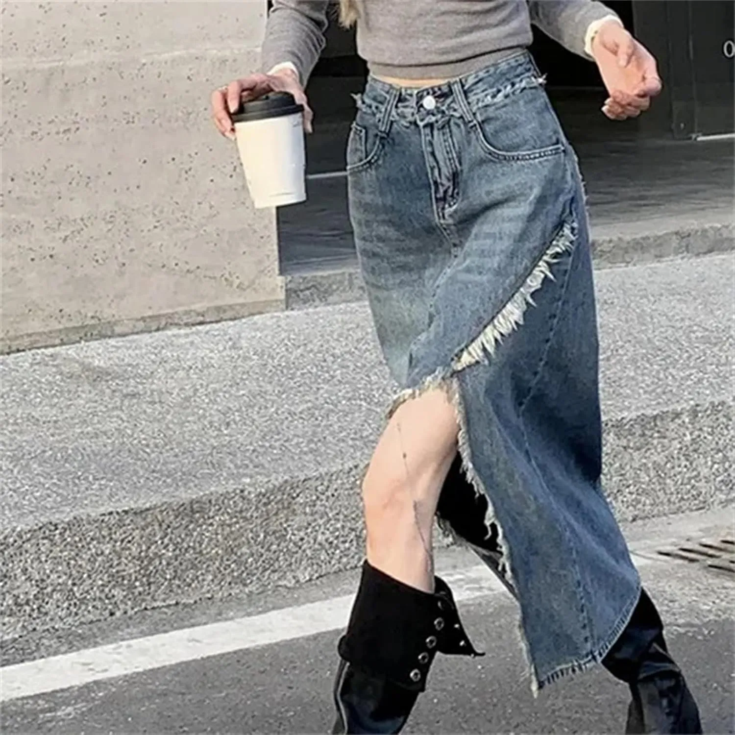 Women's High-Waisted Slimming Denim Skirt  Spring Medium-Length Pockets Casual Work Midi Jean Split Skirts