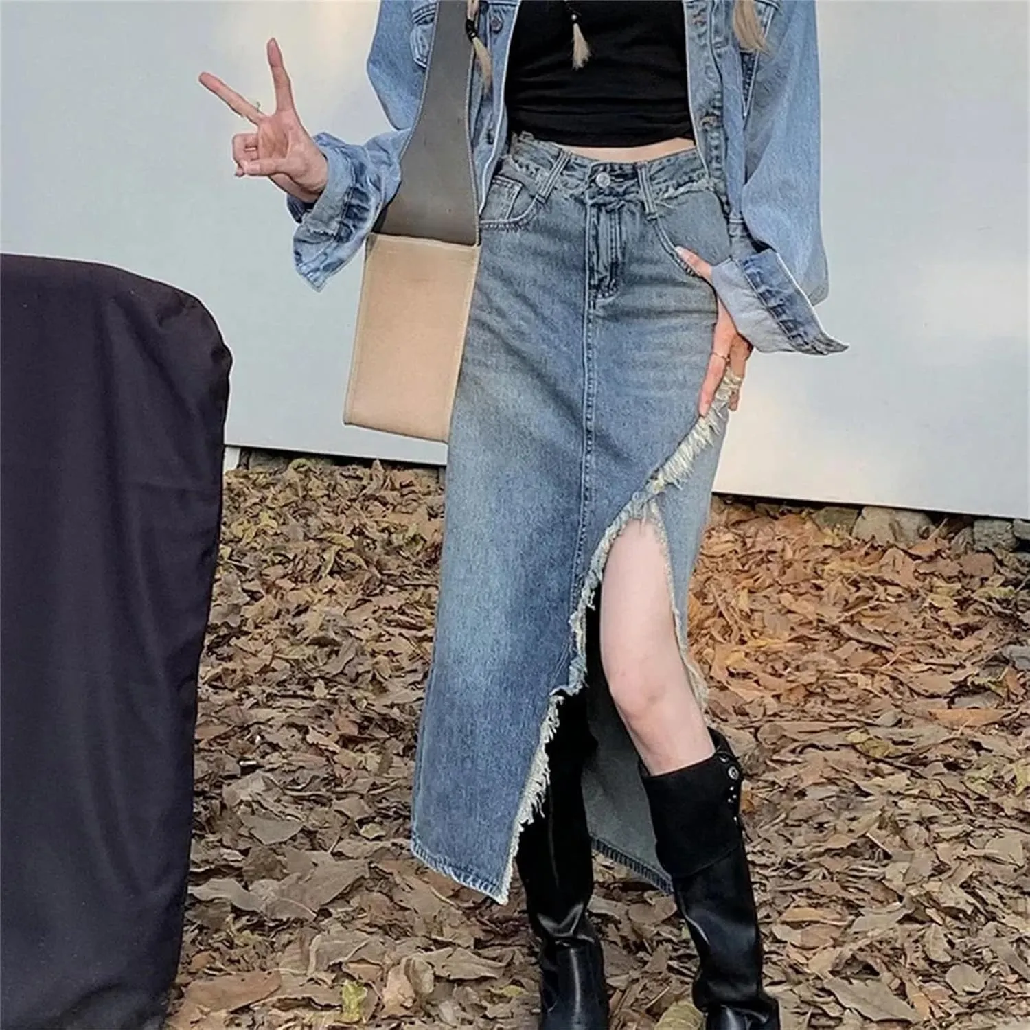Women's High-Waisted Slimming Denim Skirt  Spring Medium-Length Pockets Casual Work Midi Jean Split Skirts