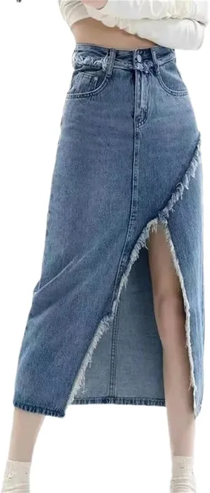 Women's High-Waisted Slimming Denim Skirt  Spring Medium-Length Pockets Casual Work Midi Jean Split Skirts