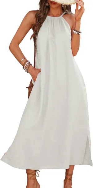Women's Linen Midi Dress Halter 100% Linen Split Dresses with Pocket