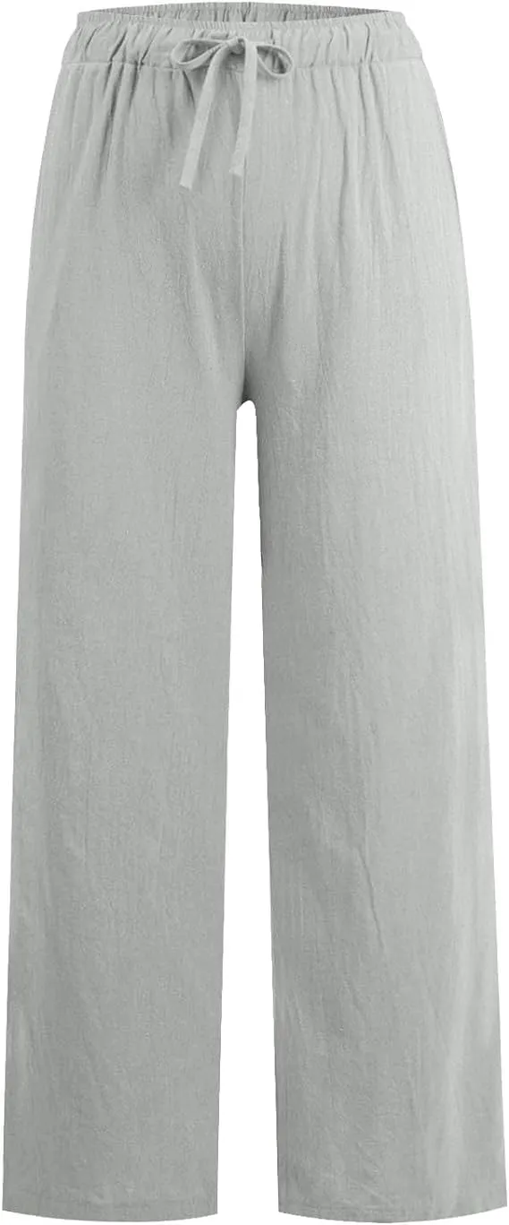 Womens Linen Pants Casual Wide Leg Pants Loose Drawstring High Waist Palazzo Trouser with Pocket