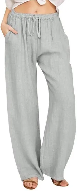 Womens Linen Pants Casual Wide Leg Pants Loose Drawstring High Waist Palazzo Trouser with Pocket