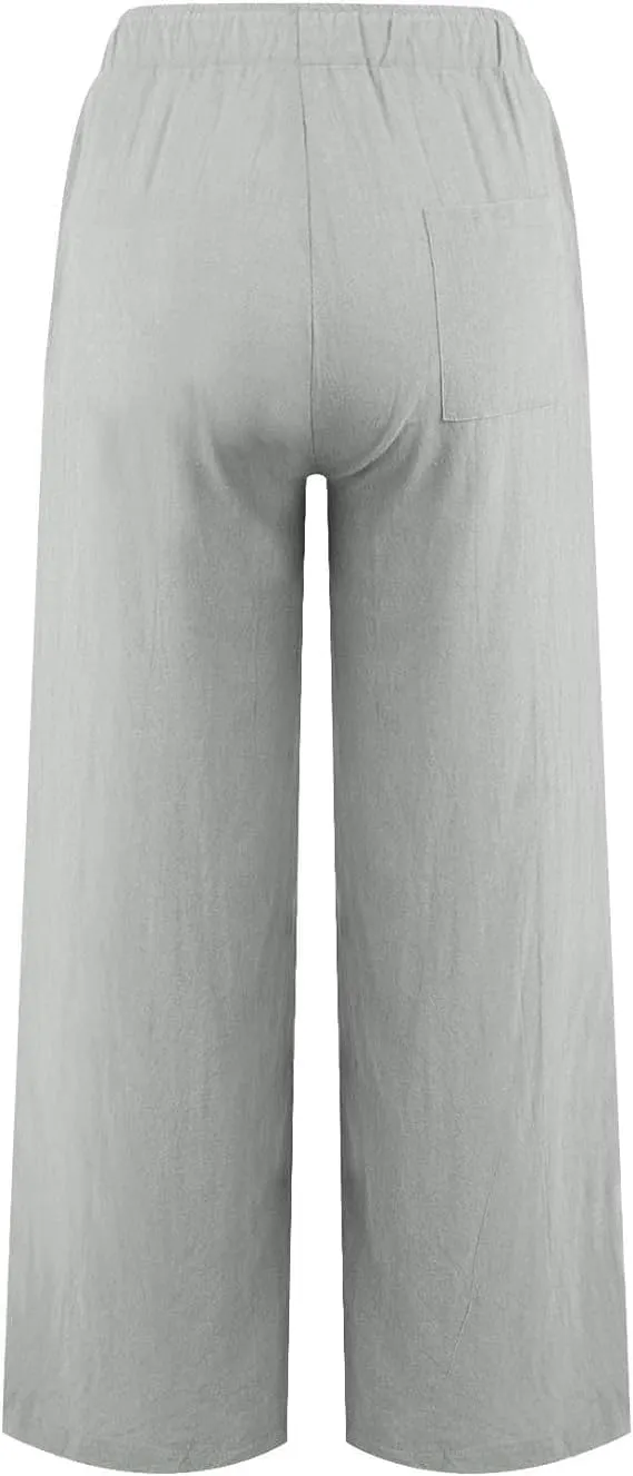 Womens Linen Pants Casual Wide Leg Pants Loose Drawstring High Waist Palazzo Trouser with Pocket
