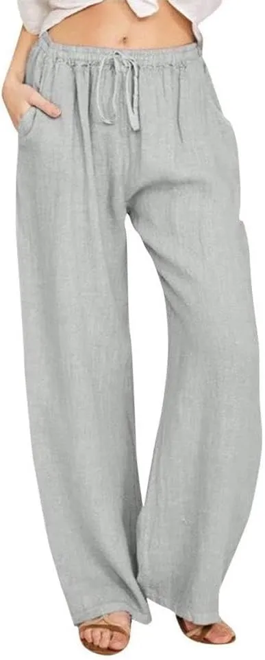 Womens Linen Pants Casual Wide Leg Pants Loose Drawstring High Waist Palazzo Trouser with Pocket