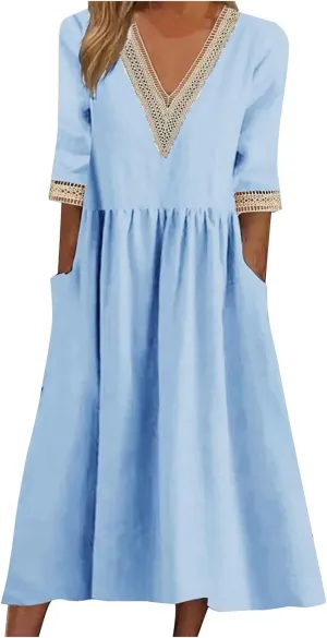 Womens Plus Size Summer Dresses Casual Lace Trim V Neck Short Sleeve A Line Boho Cotton Linen Maxi Dress with Pockets