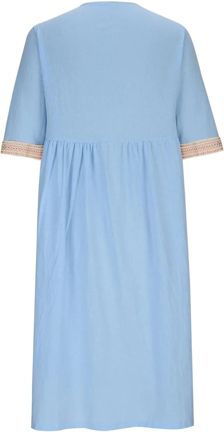 Womens Plus Size Summer Dresses Casual Lace Trim V Neck Short Sleeve A Line Boho Cotton Linen Maxi Dress with Pockets