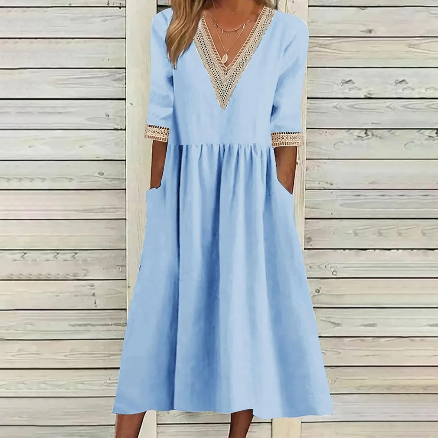 Womens Plus Size Summer Dresses Casual Lace Trim V Neck Short Sleeve A Line Boho Cotton Linen Maxi Dress with Pockets