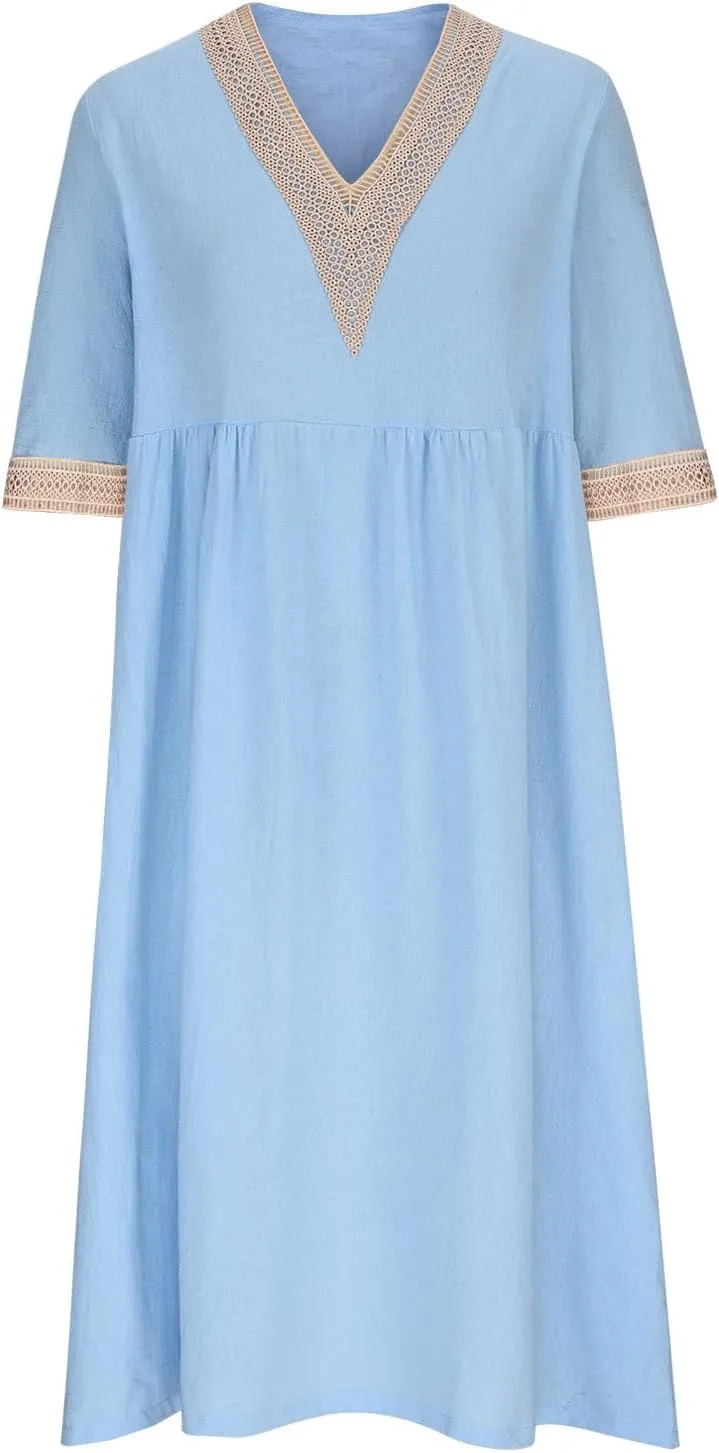 Womens Plus Size Summer Dresses Casual Lace Trim V Neck Short Sleeve A Line Boho Cotton Linen Maxi Dress with Pockets