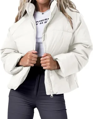 Women's Puffer Jacket Lightweight Oversized Long Sleeve Full Zipper Baggy Short Down Coats with Pockets