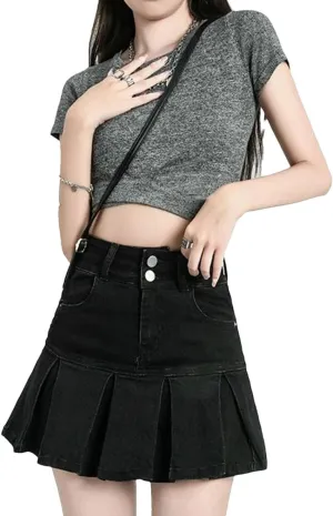 Women's Ruffle Denim Skirt Vintage High Waisted Casual Jeans Skirts Stretch Slim A-Line Skirt