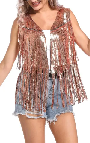 Womens Sequins Fringe Jackets Sleeveless Glitter Tassel Vest Sparky V Neck Open Front Waistcoat Cocktail 2024 Fashion