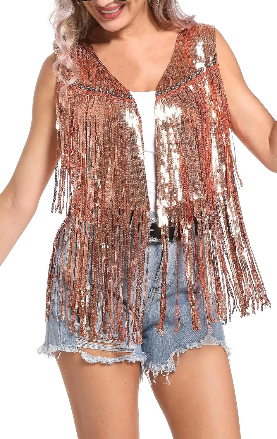 Womens Sequins Fringe Jackets Sleeveless Glitter Tassel Vest Sparky V Neck Open Front Waistcoat Cocktail 2024 Fashion