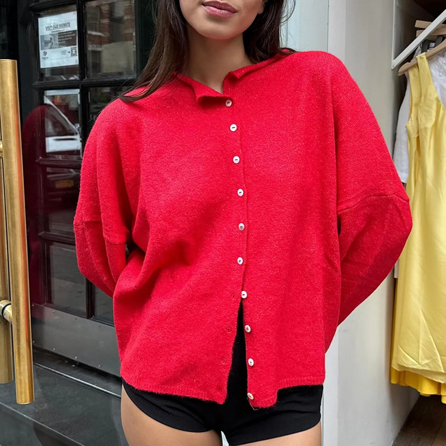 Women's Solid Color Fuzzy Knit Cardigan Long Sleeve Round Neck Sweaters Front Button Closure Rolled Hem Kniwear