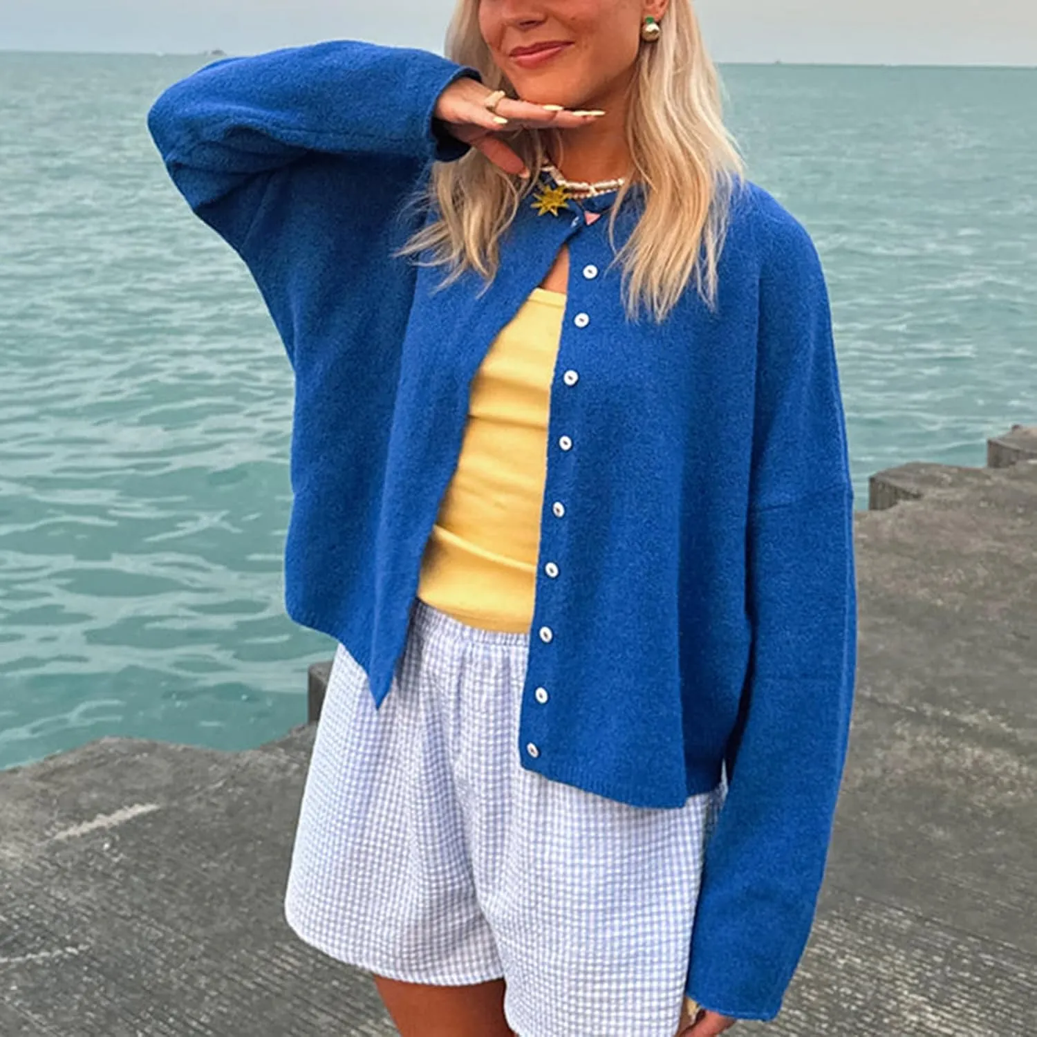 Women's Solid Color Fuzzy Knit Cardigan Long Sleeve Round Neck Sweaters Front Button Closure Rolled Hem Kniwear