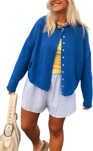 Women's Solid Color Fuzzy Knit Cardigan Long Sleeve Round Neck Sweaters Front Button Closure Rolled Hem Kniwear