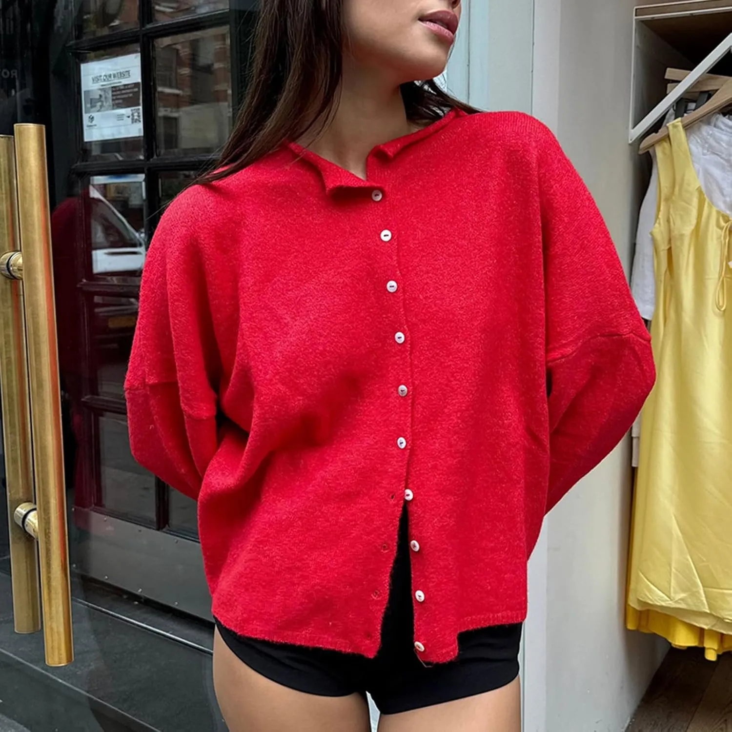Women's Solid Color Fuzzy Knit Cardigan Long Sleeve Round Neck Sweaters Front Button Closure Rolled Hem Kniwear