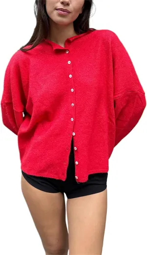 Women's Solid Color Fuzzy Knit Cardigan Long Sleeve Round Neck Sweaters Front Button Closure Rolled Hem Kniwear