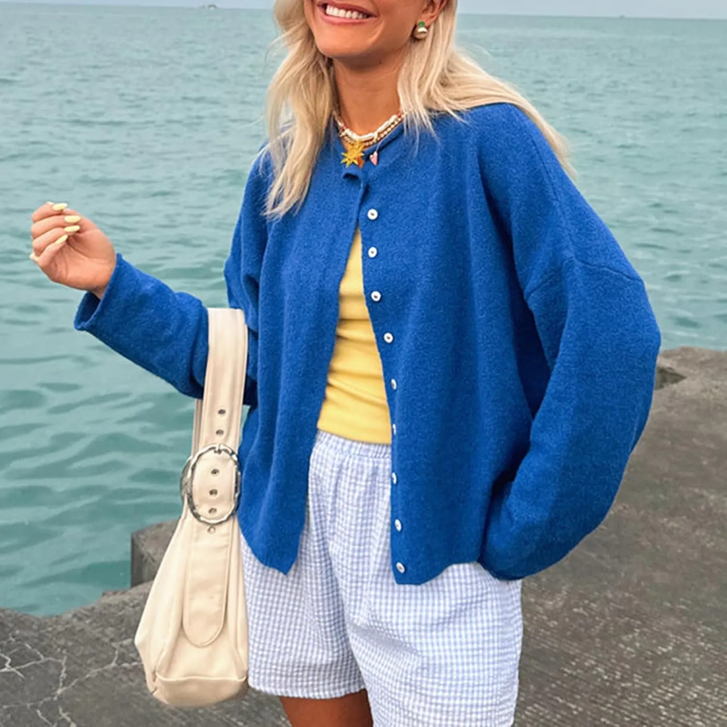 Women's Solid Color Fuzzy Knit Cardigan Long Sleeve Round Neck Sweaters Front Button Closure Rolled Hem Kniwear