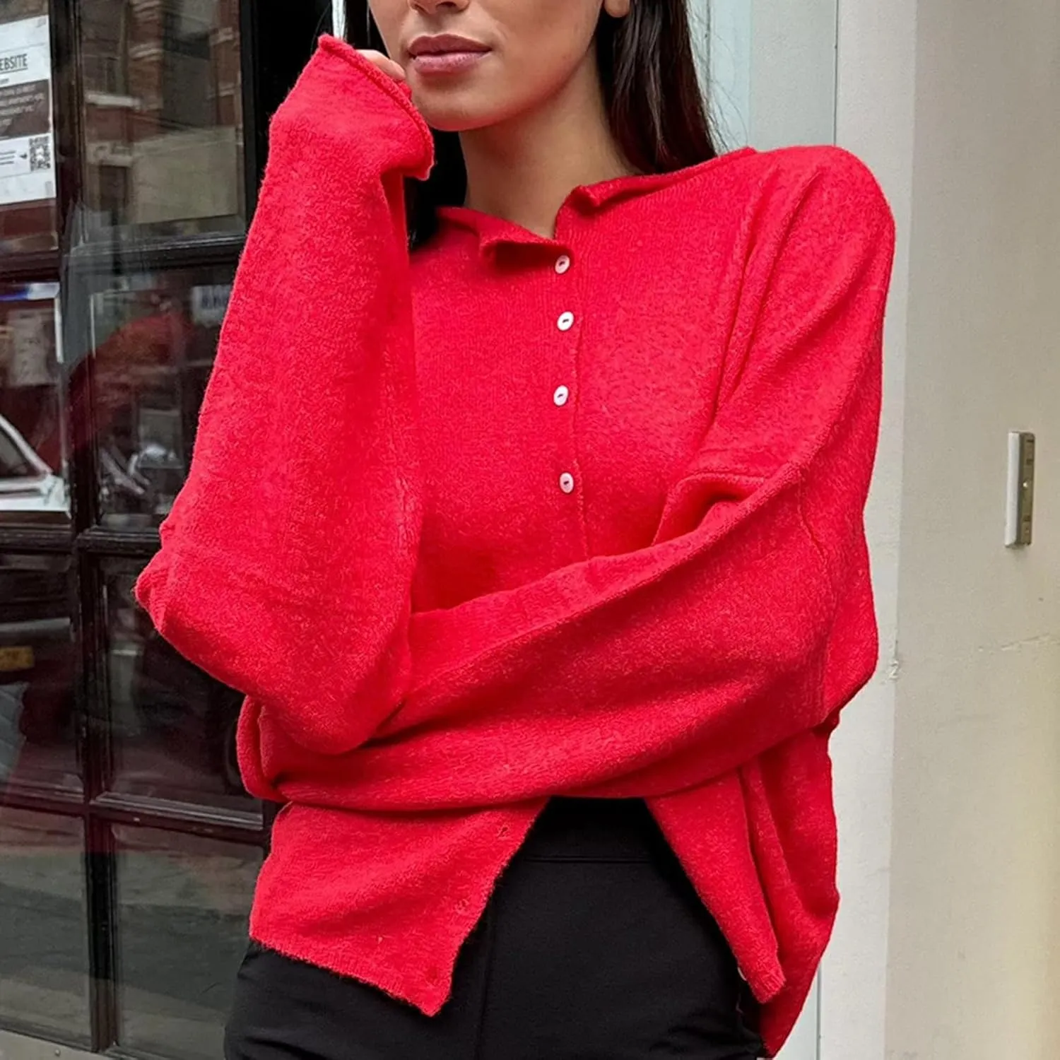 Women's Solid Color Fuzzy Knit Cardigan Long Sleeve Round Neck Sweaters Front Button Closure Rolled Hem Kniwear