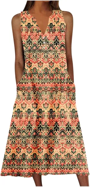 Womens Summer Dresses Boho Floral Printed Sundress Casual Button V-Neck Sleeveless Beach Vacation Midi Dress