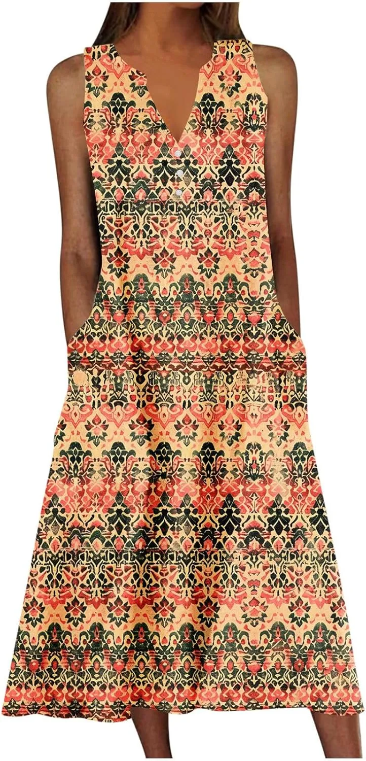 Womens Summer Dresses Boho Floral Printed Sundress Casual Button V-Neck Sleeveless Beach Vacation Midi Dress