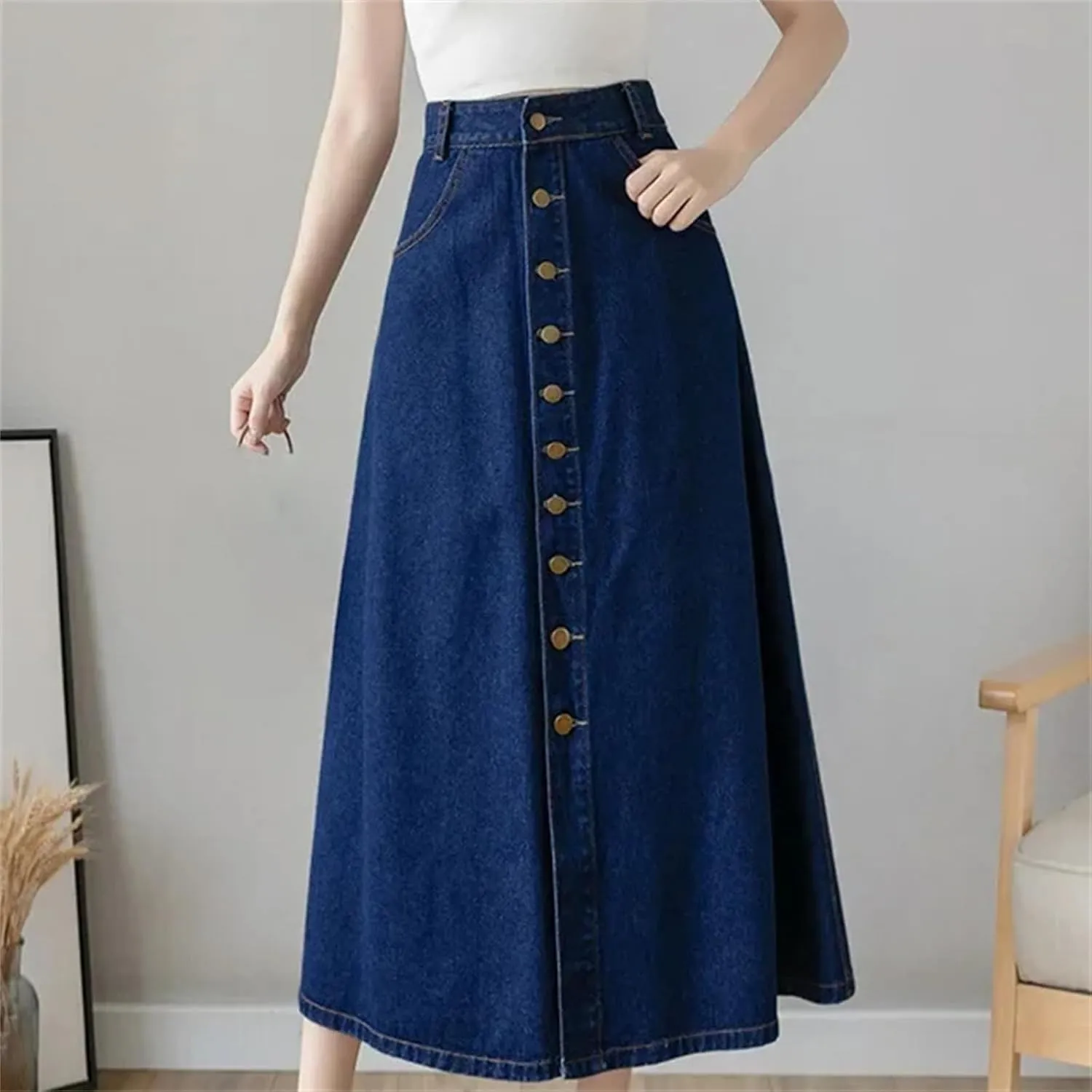 Women's Summer Medium-Length Single-Breasted Denim High-Waisted A-Line Skirt  Umbrella Skirt Long Jean Maxi Skirt