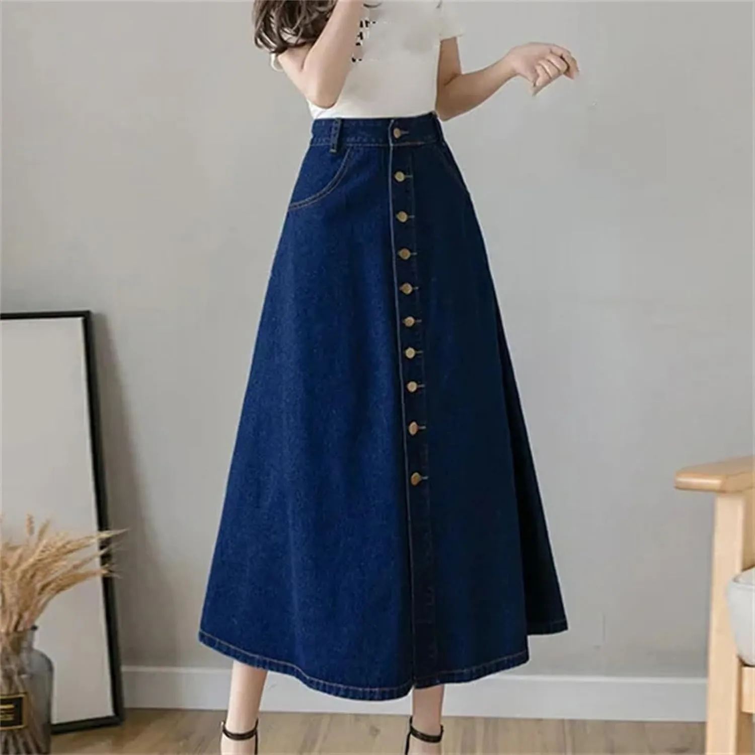 Women's Summer Medium-Length Single-Breasted Denim High-Waisted A-Line Skirt  Umbrella Skirt Long Jean Maxi Skirt