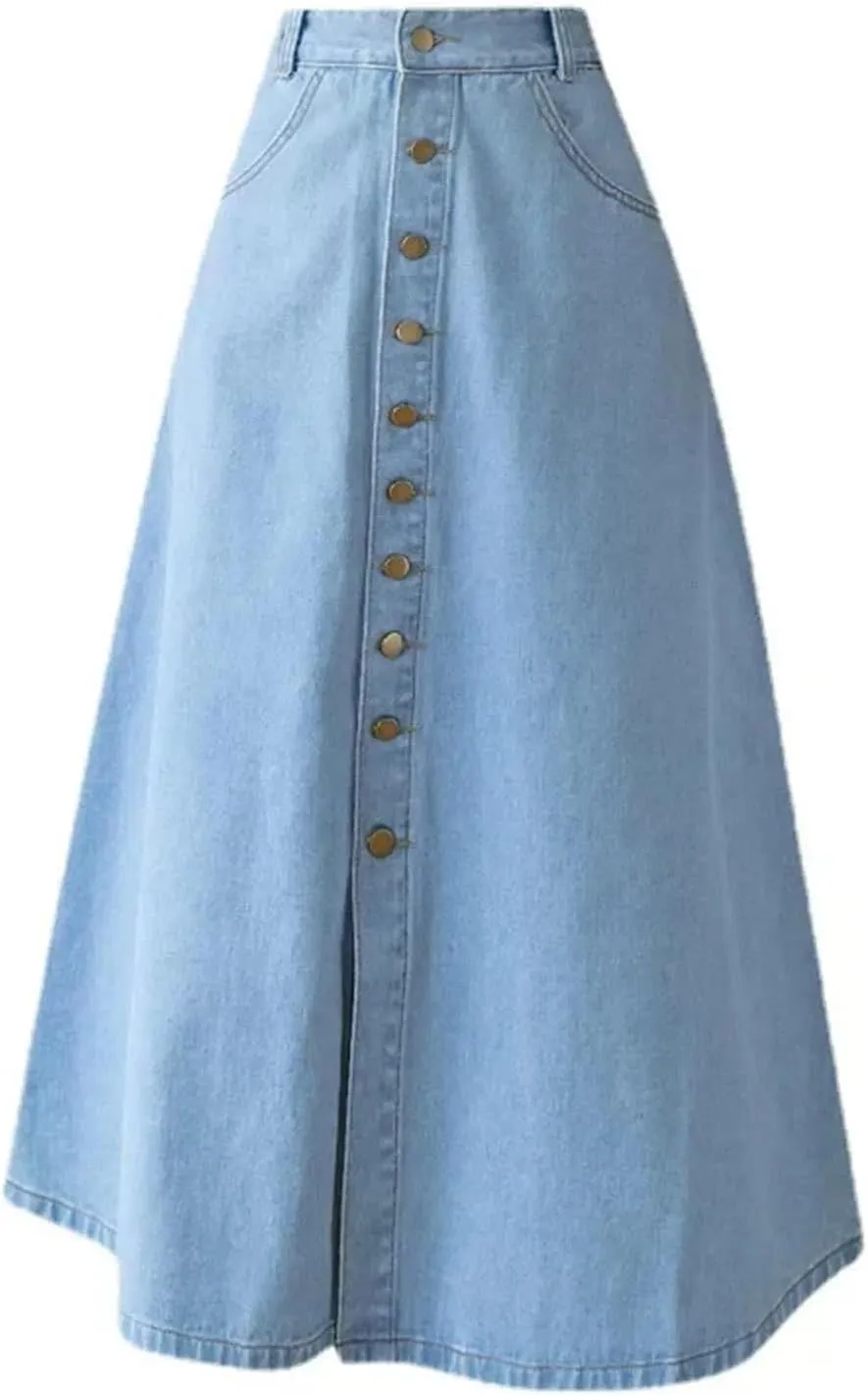 Women's Summer Medium-Length Single-Breasted Denim High-Waisted A-Line Skirt  Umbrella Skirt Long Jean Maxi Skirt