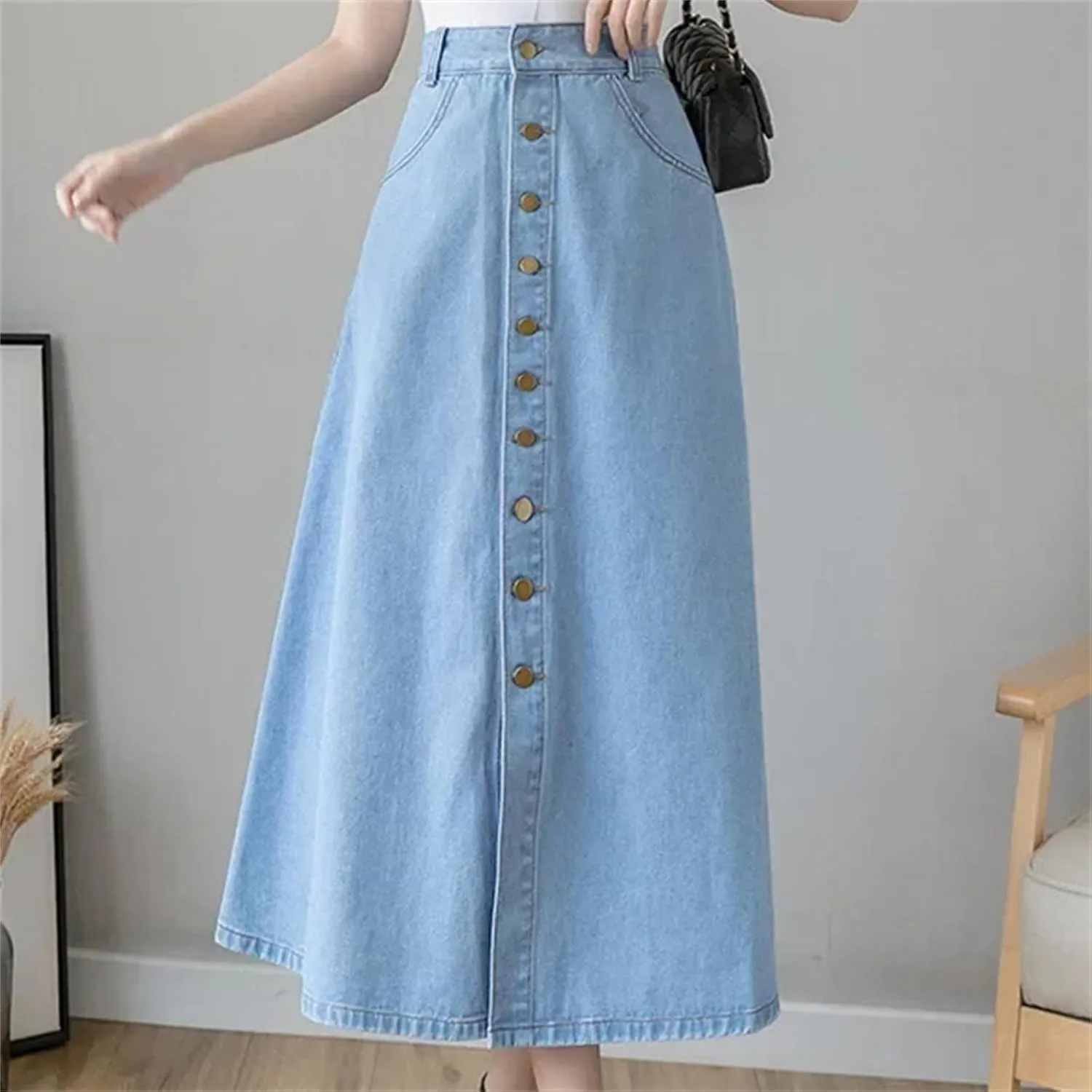 Women's Summer Medium-Length Single-Breasted Denim High-Waisted A-Line Skirt  Umbrella Skirt Long Jean Maxi Skirt