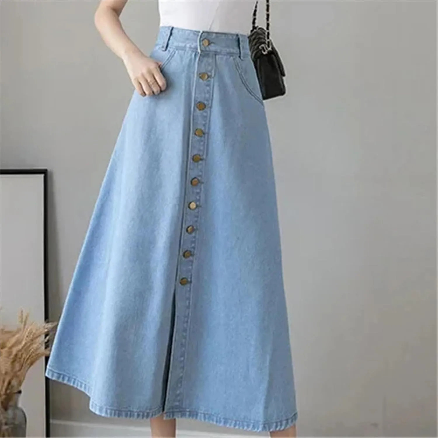 Women's Summer Medium-Length Single-Breasted Denim High-Waisted A-Line Skirt  Umbrella Skirt Long Jean Maxi Skirt