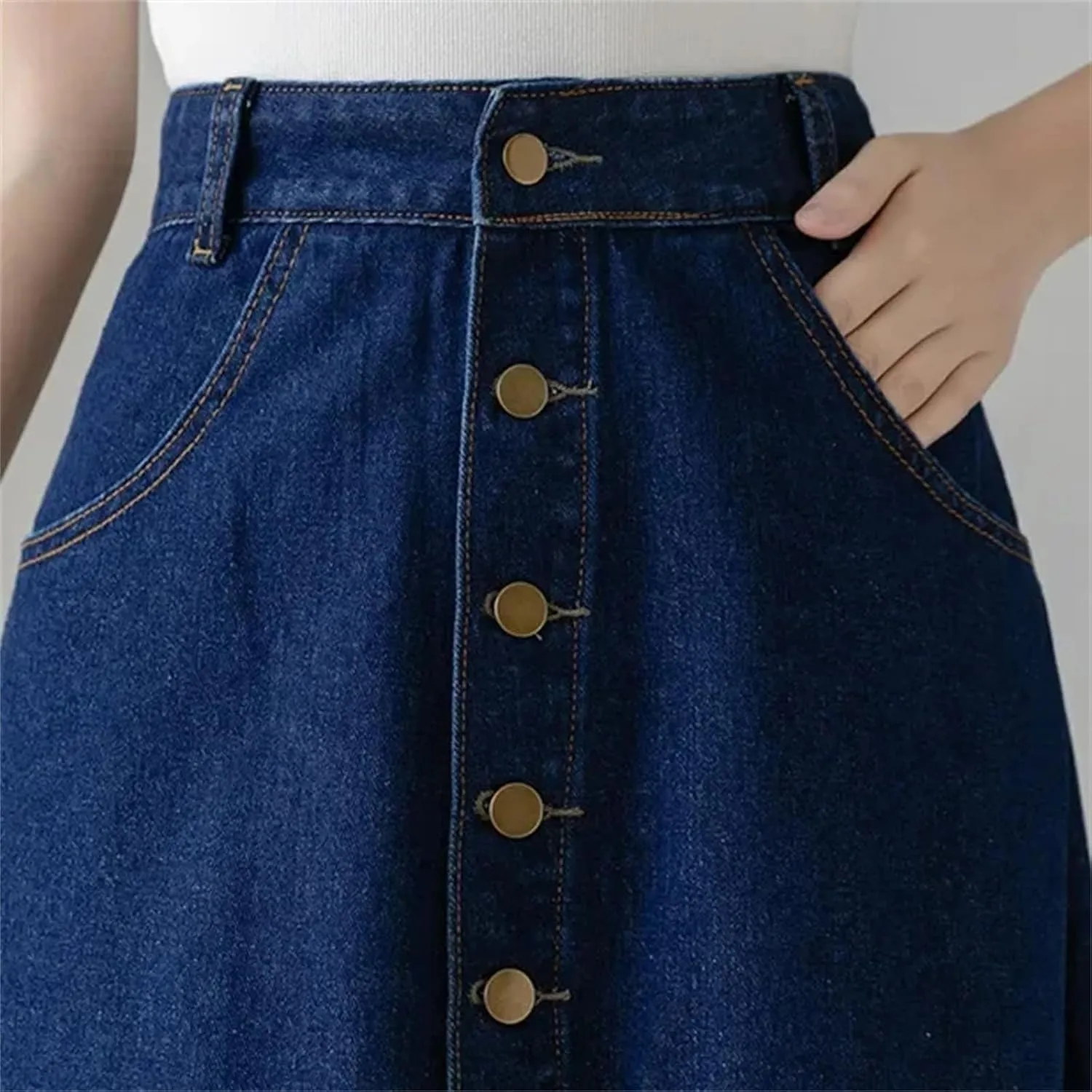 Women's Summer Medium-Length Single-Breasted Denim High-Waisted A-Line Skirt  Umbrella Skirt Long Jean Maxi Skirt