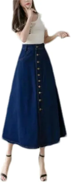 Women's Summer Medium-Length Single-Breasted Denim High-Waisted A-Line Skirt  Umbrella Skirt Long Jean Maxi Skirt