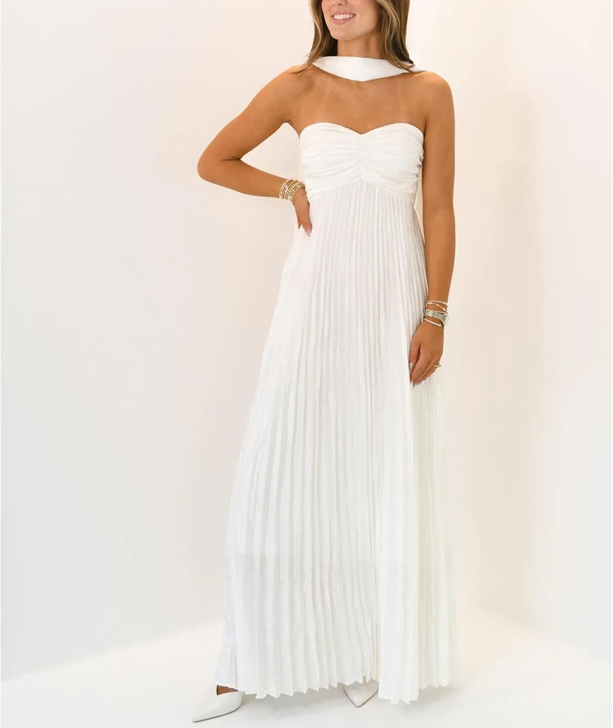 Womens Y2k Tube Strapless Pleated Maxi Dress with Scarf Maternity Silk Satin Formal Cocktail Ruffle Flowy Dresses