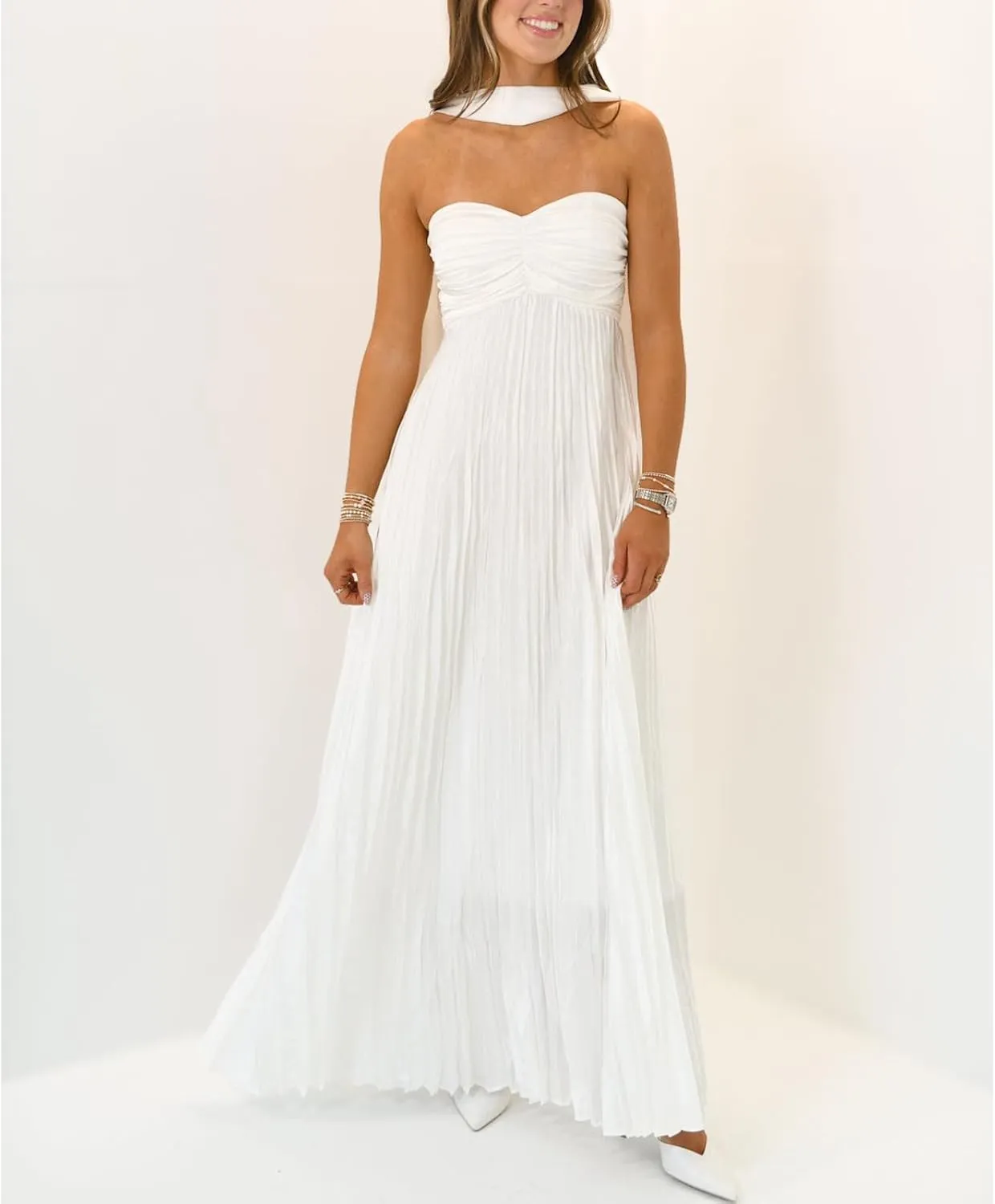 Womens Y2k Tube Strapless Pleated Maxi Dress with Scarf Maternity Silk Satin Formal Cocktail Ruffle Flowy Dresses