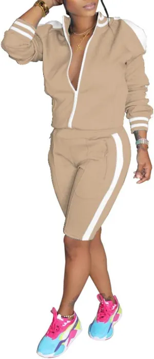xxxiticat Women's Side Striped Sports Tracksuit Two Piece Zipper Jacket Short Pants Matching Sets 2PCS Trendy Sportswear