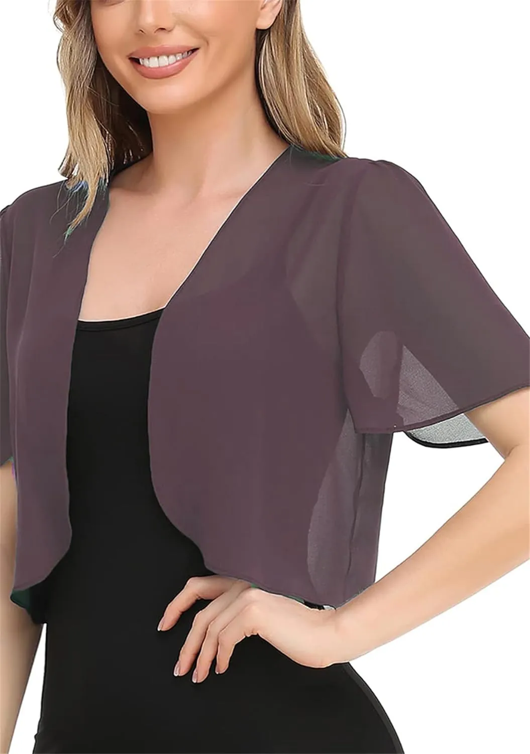 YMING Womens Chiffon Open Front Bolero Short Sleeve Cropped Cardigans Sheer Shrug Arm Covers for Dress