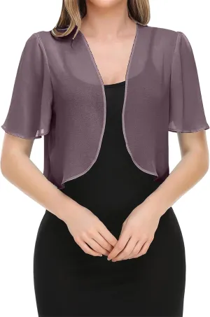 YMING Womens Chiffon Open Front Bolero Short Sleeve Cropped Cardigans Sheer Shrug Arm Covers for Dress