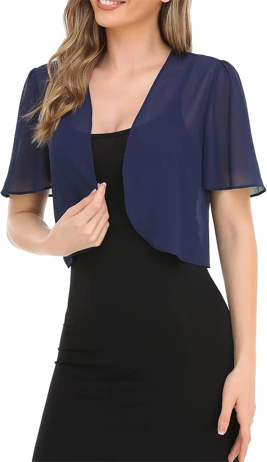 YMING Womens Chiffon Open Front Bolero Short Sleeve Cropped Cardigans Sheer Shrug Arm Covers for Dress