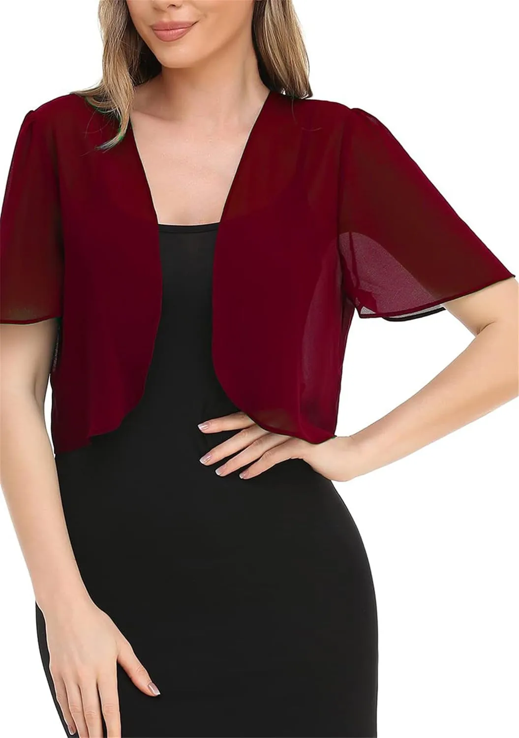 YMING Womens Chiffon Open Front Bolero Short Sleeve Cropped Cardigans Sheer Shrug Arm Covers for Dress