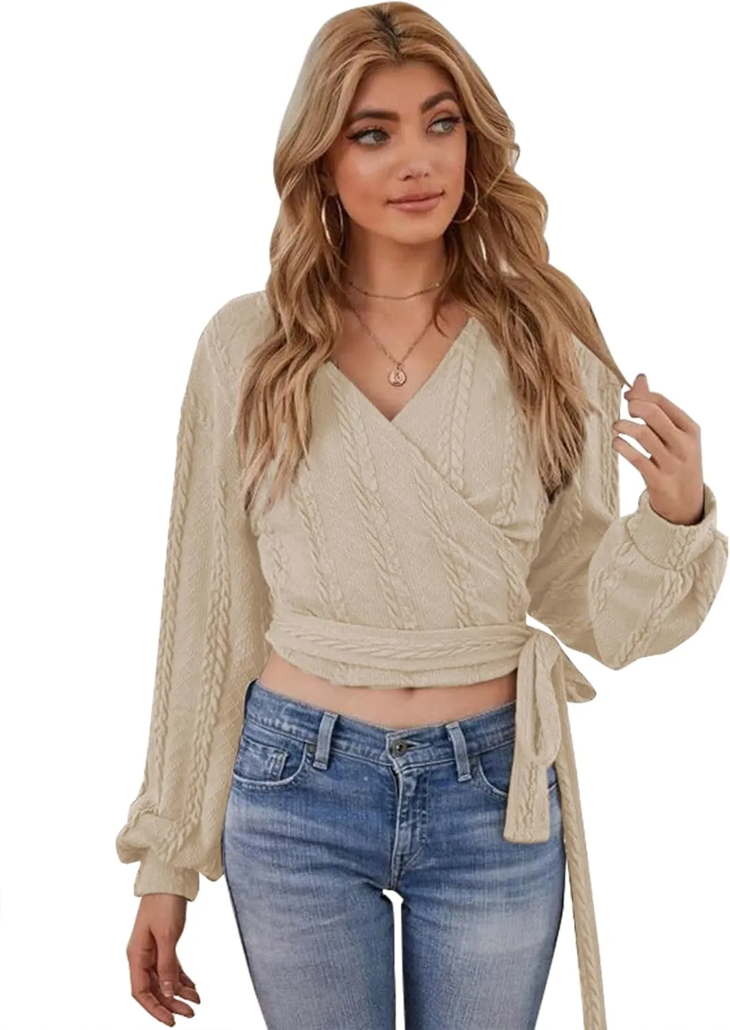 ZAFUL Women's V Neck Sweater Lantern Long Sleeve Pullover Cable Knit Cross Crop Top Casual Tie Wrap Tunic Jumper Blouses