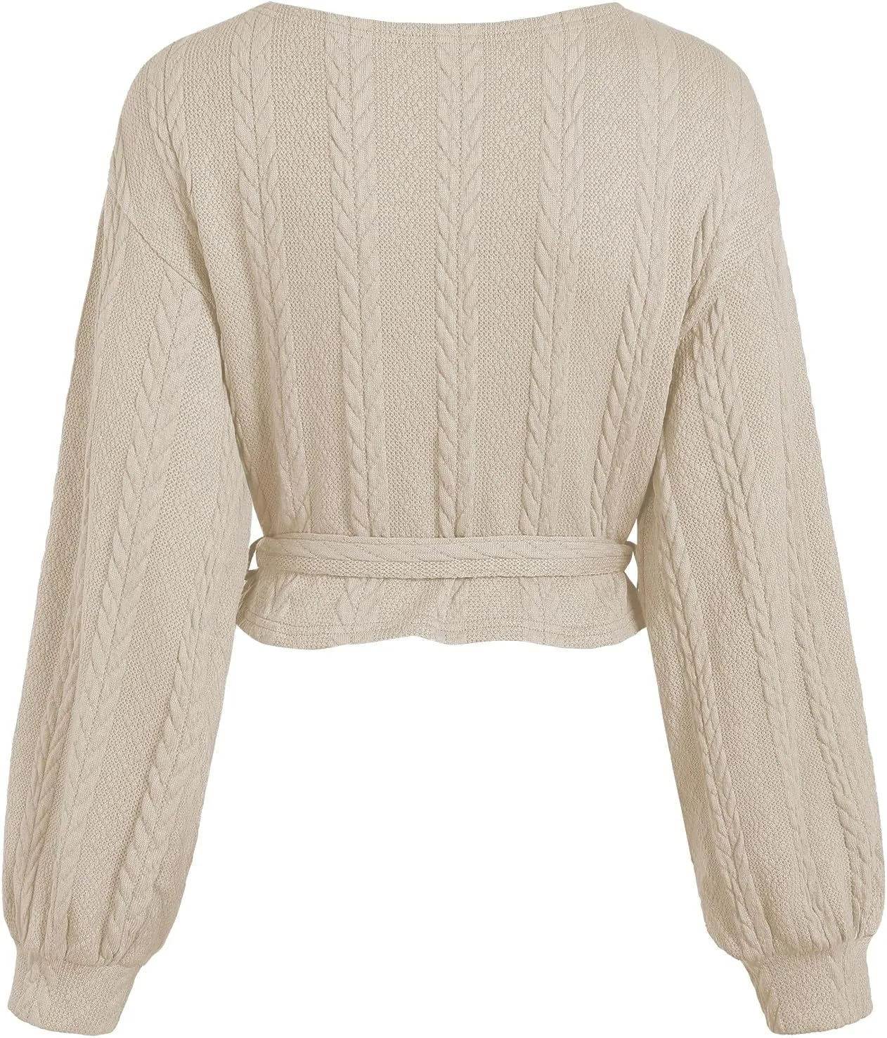ZAFUL Women's V Neck Sweater Lantern Long Sleeve Pullover Cable Knit Cross Crop Top Casual Tie Wrap Tunic Jumper Blouses