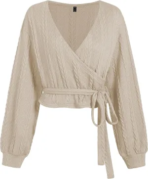 ZAFUL Women's V Neck Sweater Lantern Long Sleeve Pullover Cable Knit Cross Crop Top Casual Tie Wrap Tunic Jumper Blouses